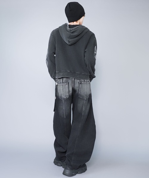 短丈ダブルジップパーカー/グランジ/刺繍袖ロゴ/ショート丈（パーカー