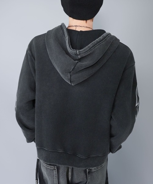 短丈ダブルジップパーカー/グランジ/刺繍袖ロゴ/ショート丈（パーカー