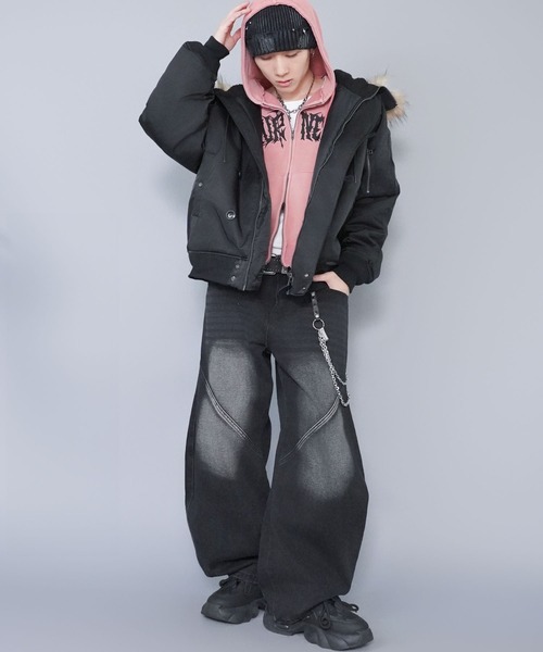 短丈ダブルジップパーカー/グランジ/刺繍袖ロゴ/ショート丈（パーカー