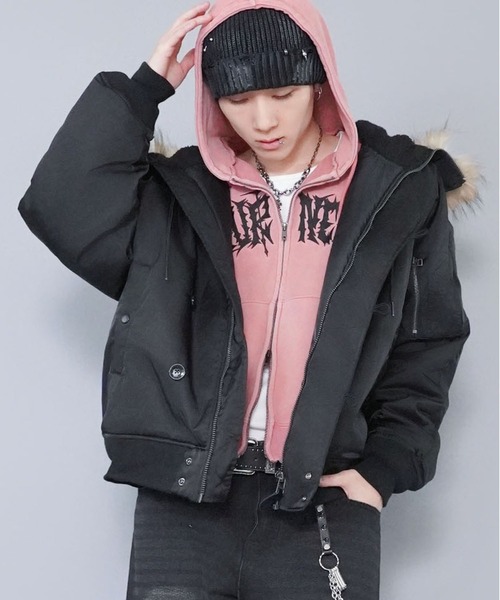 短丈ダブルジップパーカー/グランジ/刺繍袖ロゴ/ショート丈（パーカー