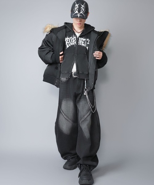 短丈ダブルジップパーカー/グランジ/刺繍袖ロゴ/ショート丈（パーカー