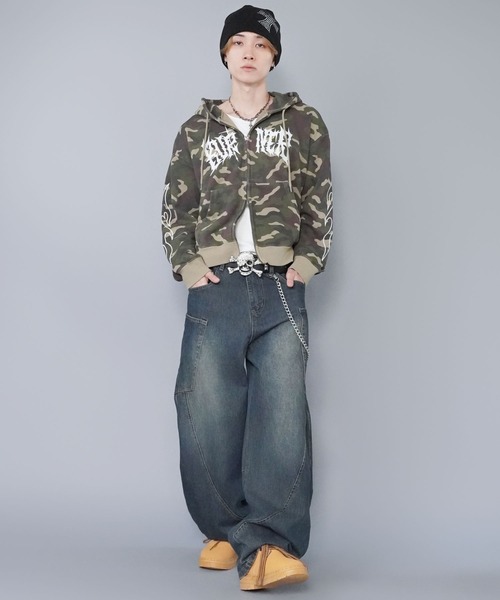 短丈ダブルジップパーカー/グランジ/刺繍袖ロゴ/ショート丈（パーカー