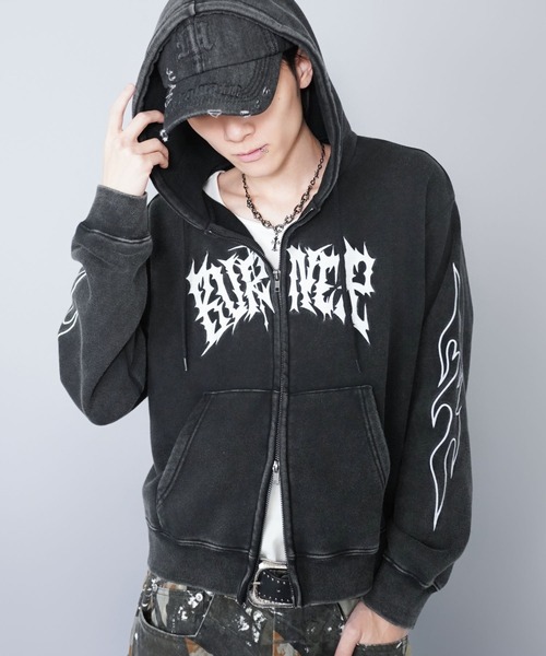 短丈ダブルジップパーカー/グランジ/刺繍袖ロゴ/ショート丈（パーカー