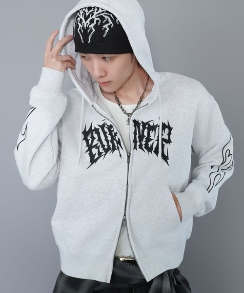 内田金吾くん着用】短丈ダブルジップパーカー/グランジ/刺繍袖ロゴ