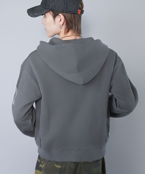 短丈ダブルジップパーカー/グランジ/刺繍袖ロゴ/ショート丈（パーカー