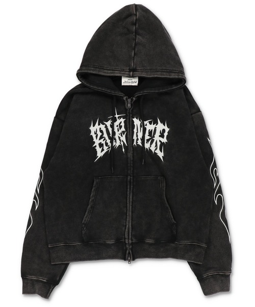 短丈ダブルジップパーカー/グランジ/刺繍袖ロゴ/ショート丈（パーカー