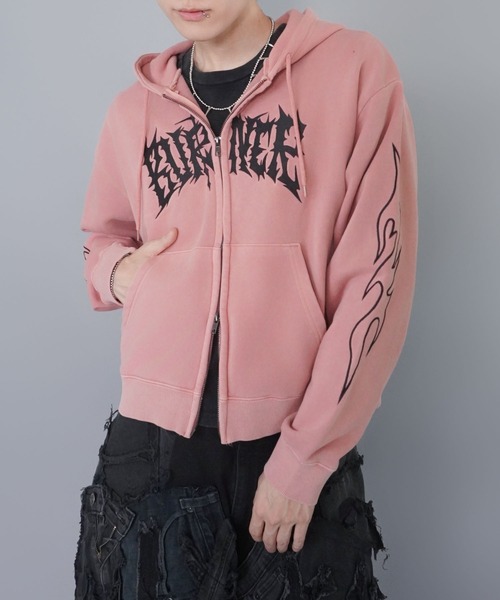 短丈ダブルジップパーカー/グランジ/刺繍袖ロゴ/ショート丈