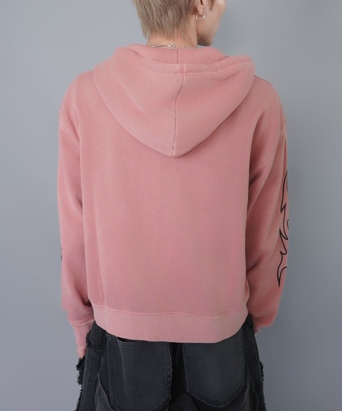 短丈ダブルジップパーカー/グランジ/刺繍袖ロゴ/ショート丈