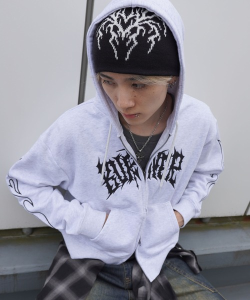 短丈ダブルジップパーカー/グランジ/刺繍袖ロゴ/ショート丈