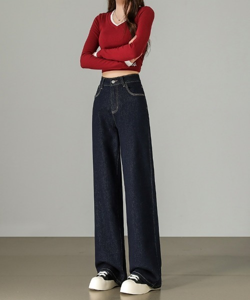 HANDO（ハンド）の「[高身長サイズMT/低身長サイズS有り]脚長見え◎ 美シルエットを叶えるハイウエストワイドデニム オフィスカジュアル きれいめカジュアル 韓国（デニムパンツ・レディース・ネイビー/アイボリー・S/M/L/XL/XXL）」の12枚目の写真