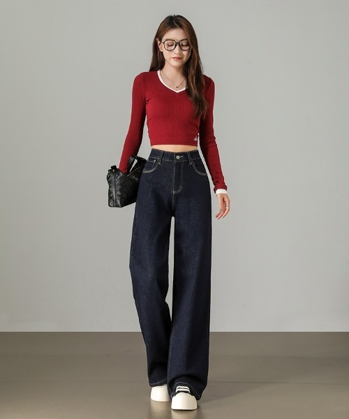 HANDO（ハンド）の「[高身長サイズMT/低身長サイズS有り]脚長見え◎ 美シルエットを叶えるハイウエストワイドデニム オフィスカジュアル きれいめカジュアル 韓国（デニムパンツ・レディース・ネイビー/アイボリー・S/M/L/XL/XXL）」の13枚目の写真
