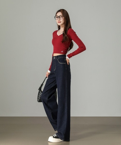 HANDO（ハンド）の「[高身長サイズMT/低身長サイズS有り]脚長見え◎ 美シルエットを叶えるハイウエストワイドデニム オフィスカジュアル きれいめカジュアル 韓国（デニムパンツ・レディース・ネイビー/アイボリー・S/M/L/XL/XXL）」の14枚目の写真