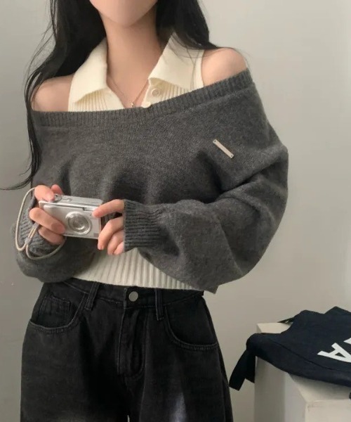 UP START（アップスタート）の「【LAMPOON】レイヤードニットセット（ニット/セーター・レディース・ブラック/グレー/ブルー・FREE）」の2枚目の写真