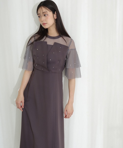 パールつきビスチェ風ドレスロング&袖ありフォーマルお呼ばれ結婚式