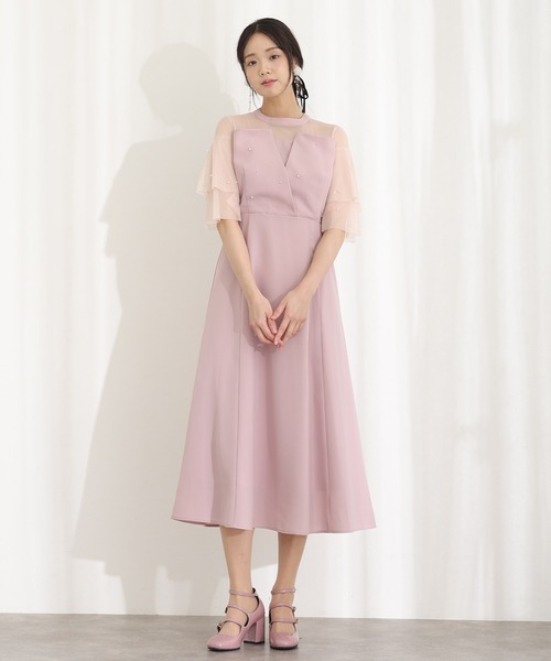 セール】パールつきビスチェ風ドレスロング&袖ありフォーマルお呼ばれ