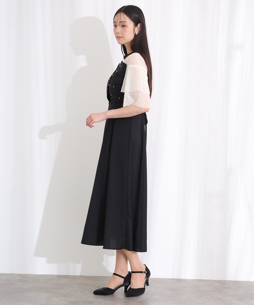 パールつきビスチェ風ドレスロング&袖ありフォーマルお呼ばれ結婚式