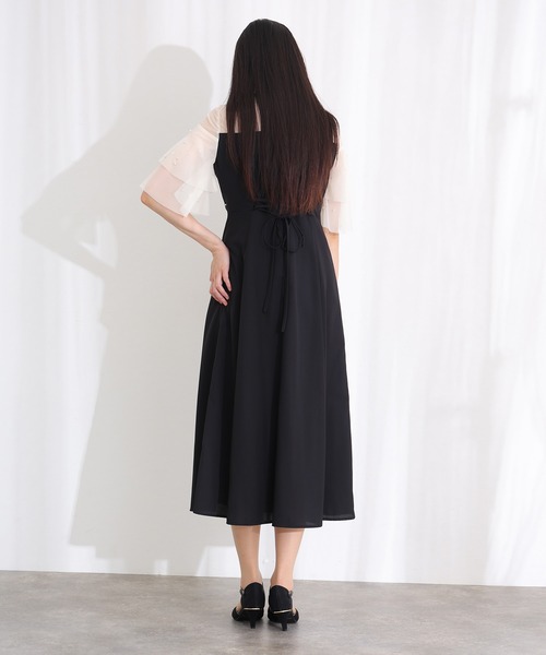 パールつきビスチェ風ドレスロング&袖ありフォーマルお呼ばれ結婚式