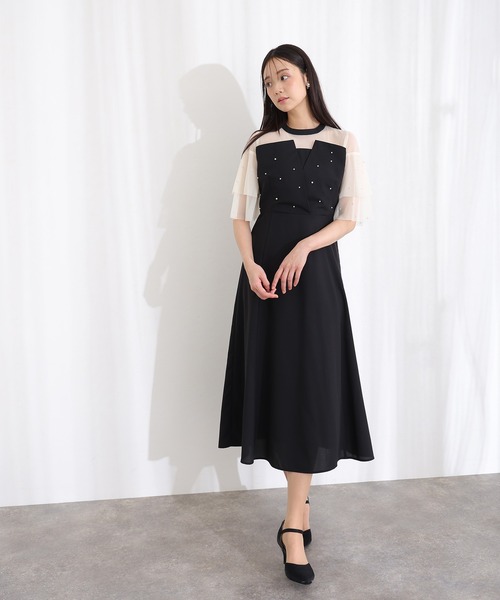 パールつきビスチェ風ドレスロング&袖ありフォーマルお呼ばれ結婚式