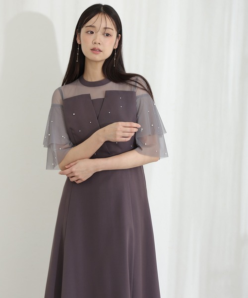 セール】パールつきビスチェ風ドレスロング&袖ありフォーマルお呼ばれ