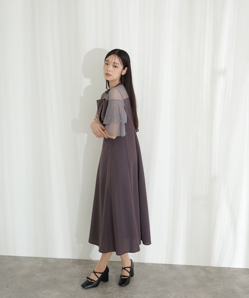 セール】パールつきビスチェ風ドレスロング&袖ありフォーマルお呼ばれ