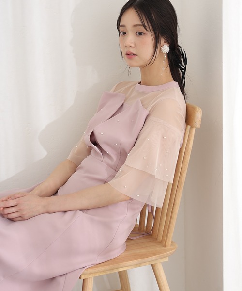 セール】パールつきビスチェ風ドレスロング&袖ありフォーマルお呼ばれ