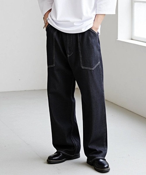 Lazar（ラザル）の「Denim Baker Pants/バギーシルエット デニム ベイカーパンツ/イージーパンツ（デニムパンツ・メンズ・ブラック/インディゴブルー・マルチサイズ）」の2枚目の写真