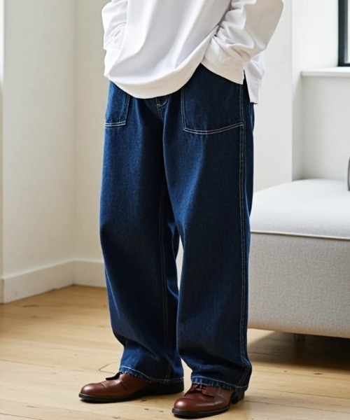 Lazar（ラザル）の「Denim Baker Pants/バギーシルエット デニム ベイカーパンツ/イージーパンツ（デニムパンツ・メンズ・ブラック/インディゴブルー・マルチサイズ）」の6枚目の写真
