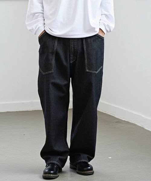 Lazar（ラザル）の「Denim Baker Pants/バギーシルエット デニム ベイカーパンツ/イージーパンツ（デニムパンツ・メンズ・ブラック/インディゴブルー・マルチサイズ）」の4枚目の写真