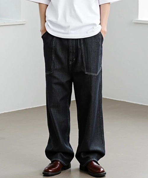 Lazar（ラザル）の「Denim Baker Pants/バギーシルエット デニム ベイカーパンツ/イージーパンツ（デニムパンツ・メンズ・ブラック/インディゴブルー・マルチサイズ）」の5枚目の写真