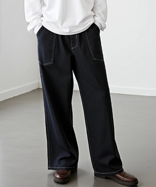 Lazar（ラザル）の「Denim Baker Pants/バギーシルエット デニム ベイカーパンツ/イージーパンツ（デニムパンツ・メンズ・ブラック/インディゴブルー・マルチサイズ）」の3枚目の写真