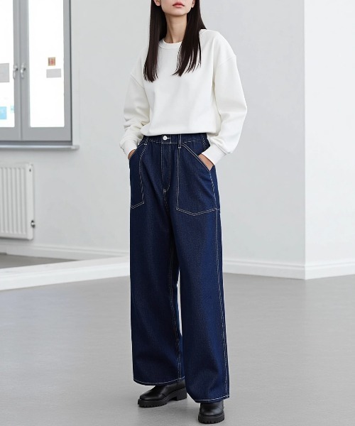 Lazar（ラザル）の「Denim Baker Pants/バギーシルエット デニム ベイカーパンツ/イージーパンツ（デニムパンツ・メンズ・ブラック/インディゴブルー・マルチサイズ）」の12枚目の写真