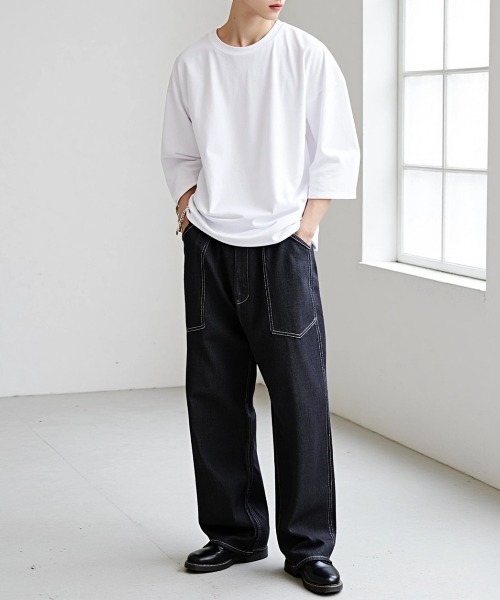 Lazar（ラザル）の「Denim Baker Pants/バギーシルエット デニム ベイカーパンツ/イージーパンツ（デニムパンツ・メンズ・ブラック/インディゴブルー・マルチサイズ）」の9枚目の写真