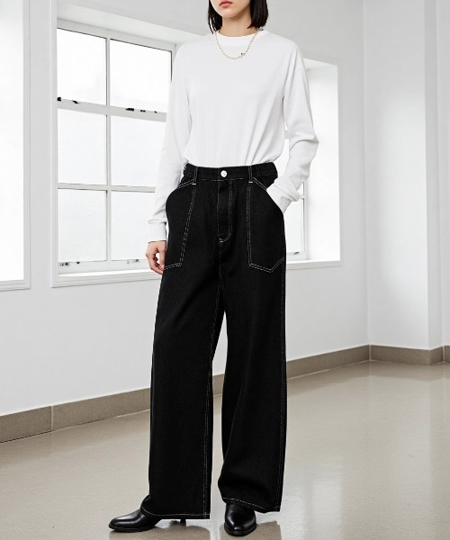 Lazar（ラザル）の「Denim Baker Pants/バギーシルエット デニム ベイカーパンツ/イージーパンツ（デニムパンツ・メンズ・ブラック/インディゴブルー・マルチサイズ）」の10枚目の写真