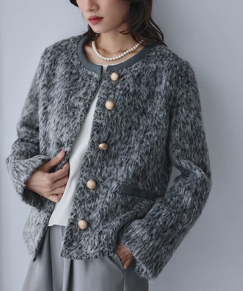 ELFRANK(エルフランク)の「メランジシャギー ノーカラー ジャケット(ノーカラージャケット・レディース・チャコールグレー/グレー・L/M)」の2枚目の写真