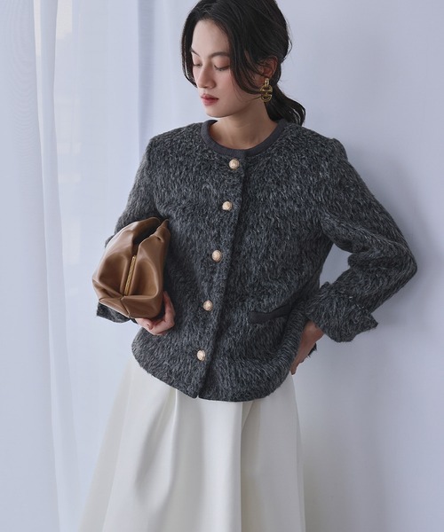 ELFRANK(エルフランク)の「メランジシャギー ノーカラー ジャケット(ノーカラージャケット・レディース・チャコールグレー/グレー・L/M)」の4枚目の写真