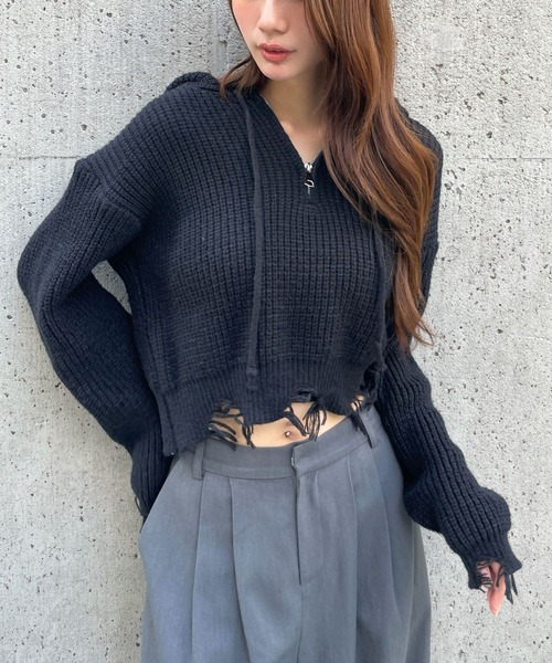 セール】3.3 Field Trip／フードクロップドニットトップス（ニット