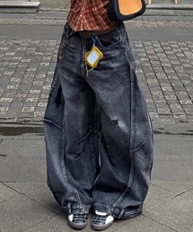 ダメージ切り替えデザインデニムワイドパンツ