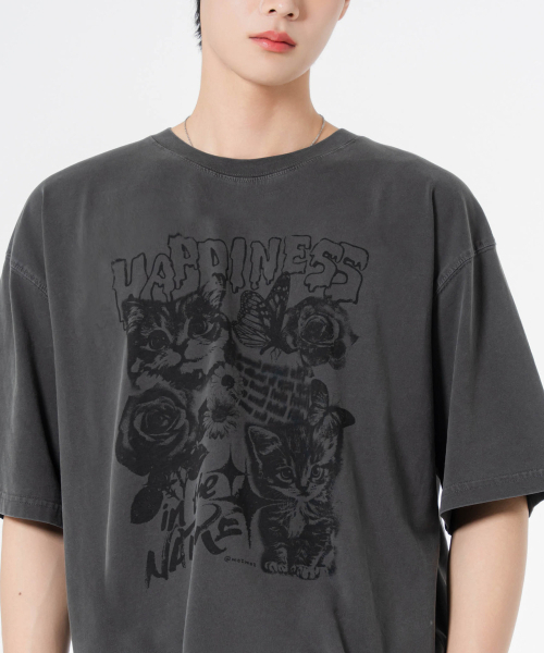 MOZMOZ（モズモズ）の「ハッピーキャット オーバーサイズ ピグメント 半袖Tシャツ チャコール（Tシャツ/カットソー・レディース・その他・M/XXL/XL）」の3枚目の写真