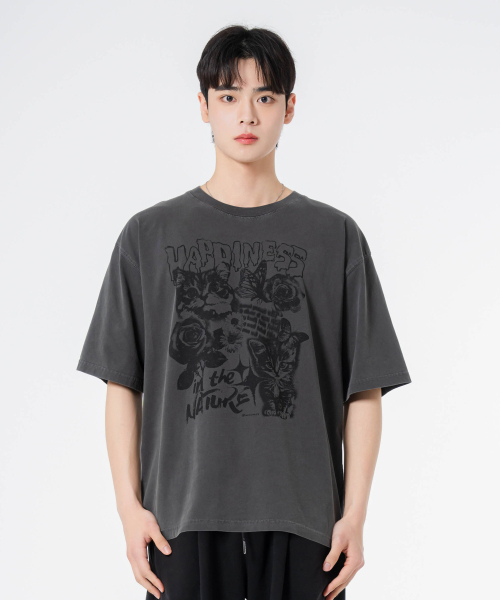 MOZMOZ（モズモズ）の「ハッピーキャット オーバーサイズ ピグメント 半袖Tシャツ チャコール（Tシャツ/カットソー・レディース・その他・M/XXL/XL）」の4枚目の写真