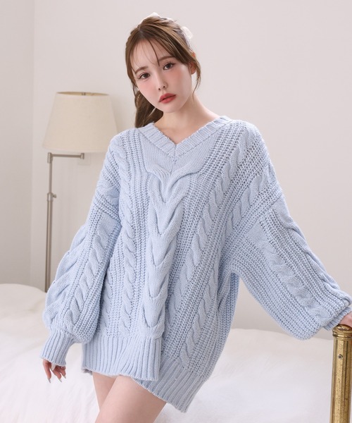 one after another NICE CLAUP（ワンアフターアナザーナイスクラップ）の「ケーブルニットミニワンピース（ワンピース・レディース・チャコールグレー/オフホワイト/ピンクベージュ/サックスブルー・FREE）」の12枚目の写真