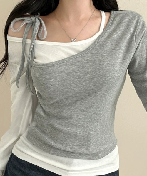 SHEPP（シープ）の「【2点セット】ドッキングレイヤード風 ワンショルカットソーセット（Tシャツ/カットソー・レディース・ブラック/グレー・L/M）」の9枚目の写真