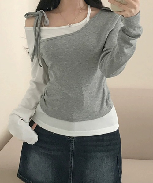 SHEPP（シープ）の「【2点セット】ドッキングレイヤード風 ワンショルカットソーセット（Tシャツ/カットソー・レディース・ブラック/グレー・L/M）」の11枚目の写真
