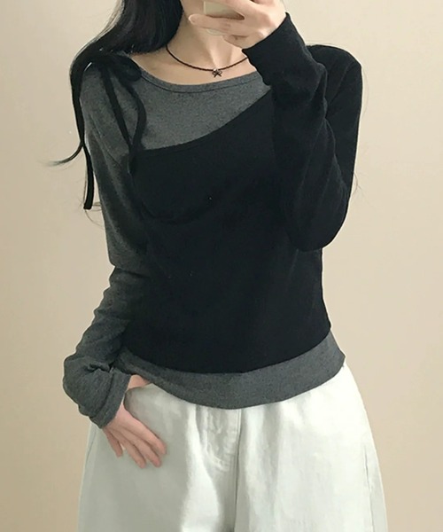 SHEPP（シープ）の「【2点セット】ドッキングレイヤード風 ワンショルカットソーセット（Tシャツ/カットソー・レディース・ブラック/グレー・L/M）」の12枚目の写真
