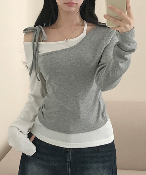 SHEPP（シープ）の「【2点セット】ドッキングレイヤード風 ワンショルカットソーセット（Tシャツ/カットソー・レディース・ブラック/グレー・L/M）」の10枚目の写真