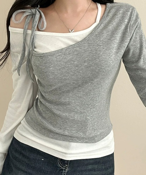 SHEPP（シープ）の「【2点セット】ドッキングレイヤード風 ワンショルカットソーセット（Tシャツ/カットソー・レディース・ブラック/グレー・L/M）」の8枚目の写真