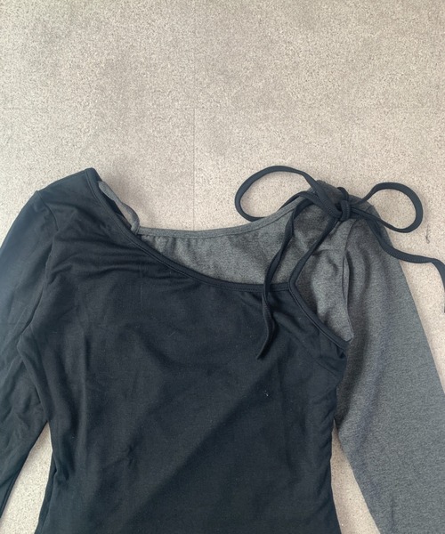 SHEPP（シープ）の「【2点セット】ドッキングレイヤード風 ワンショルカットソーセット（Tシャツ/カットソー・レディース・ブラック/グレー・L/M）」の20枚目の写真
