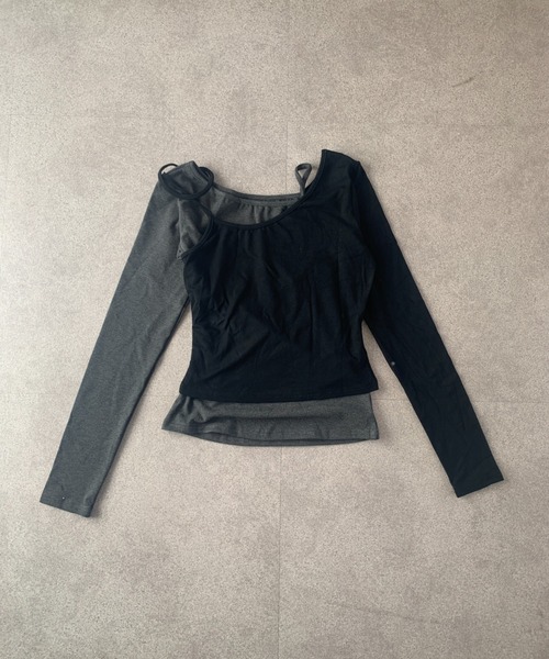 SHEPP（シープ）の「【2点セット】ドッキングレイヤード風 ワンショルカットソーセット（Tシャツ/カットソー・レディース・ブラック/グレー・L/M）」の18枚目の写真