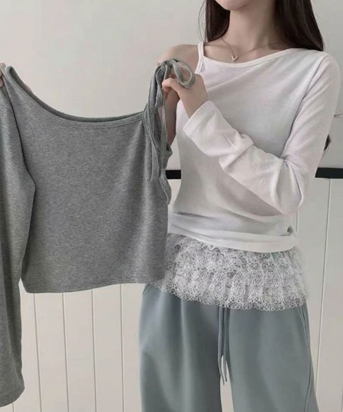 SHEPP（シープ）の「【2点セット】ドッキングレイヤード風 ワンショルカットソーセット（Tシャツ/カットソー・レディース・ブラック/グレー・L/M）」の4枚目の写真