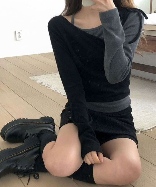 SHEPP（シープ）の「【2点セット】ドッキングレイヤード風 ワンショルカットソーセット（Tシャツ/カットソー・レディース・ブラック/グレー・L/M）」の6枚目の写真