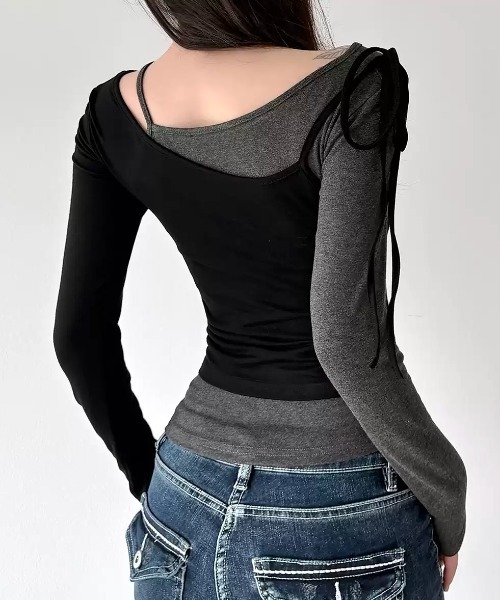 SHEPP（シープ）の「【2点セット】ドッキングレイヤード風 ワンショルカットソーセット（Tシャツ/カットソー・レディース・ブラック/グレー・L/M）」の7枚目の写真